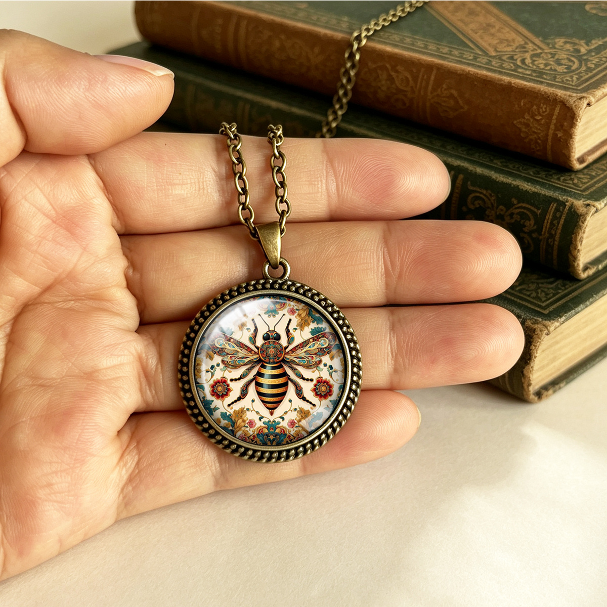 Women's Vintage Floral Bee Pattern Round Pendant Necklace
